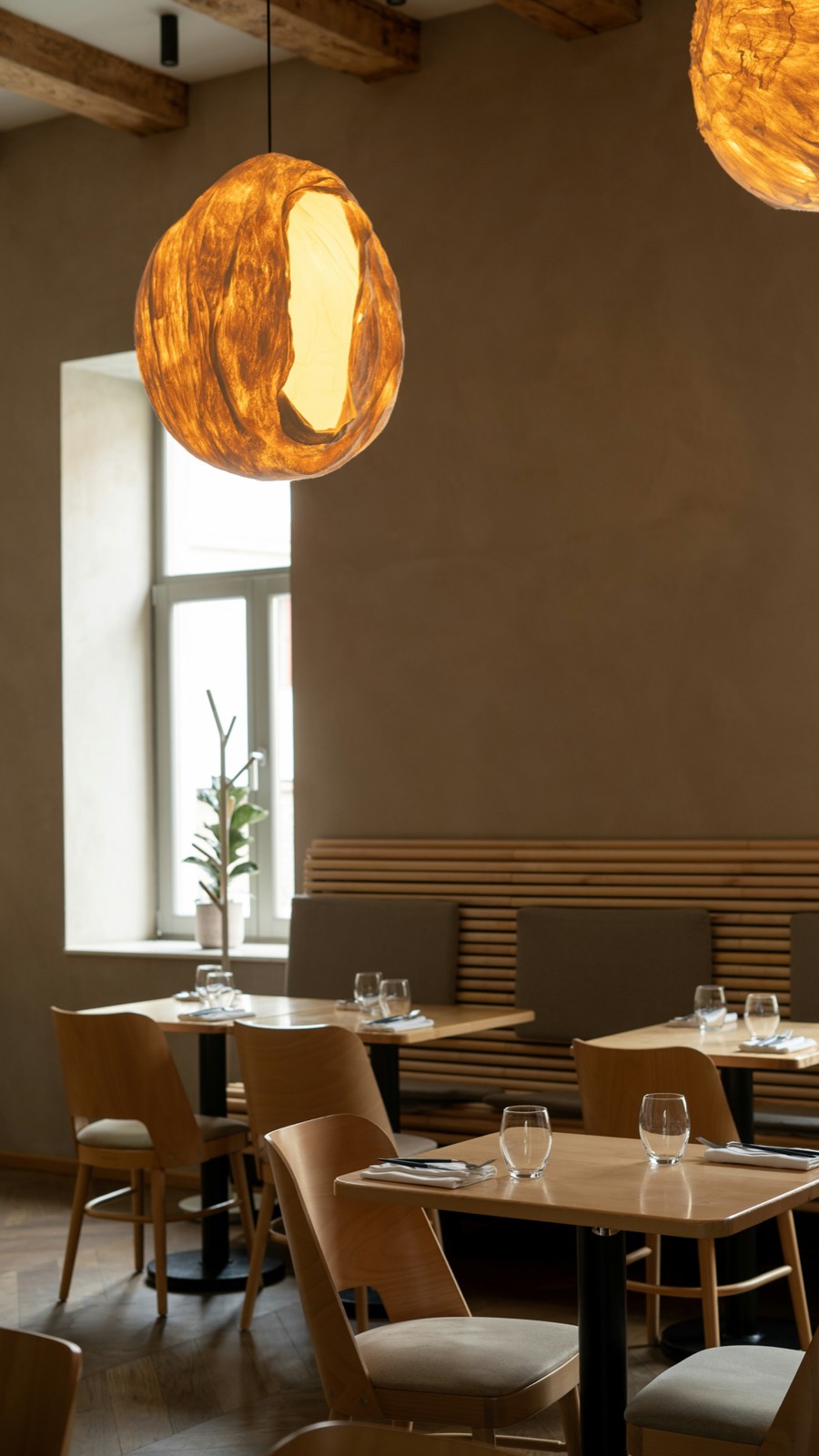 Window table under a paper lamp