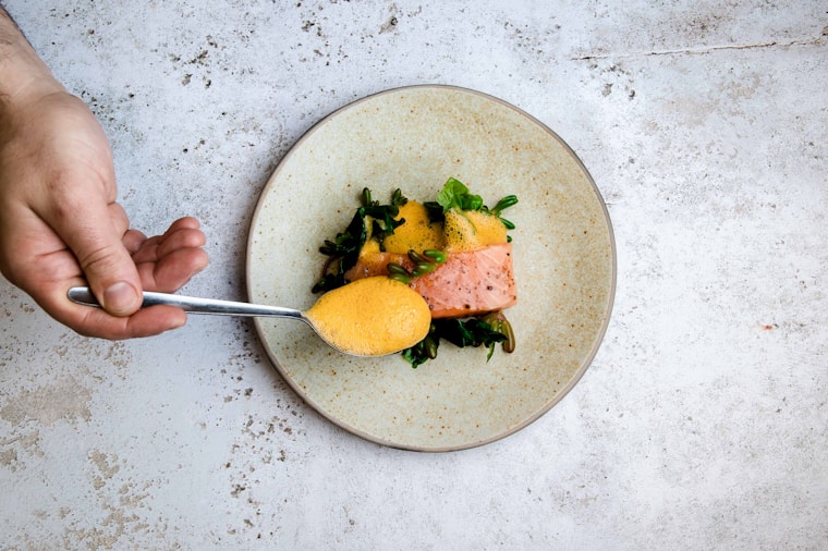 Salmon with saffron purée
